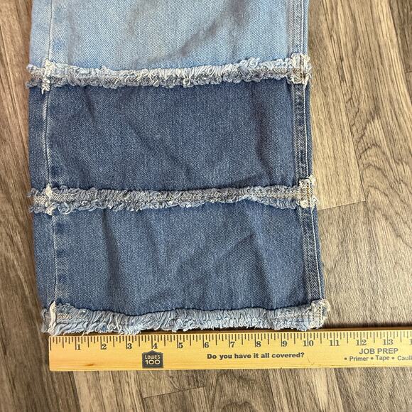 Ragged Jeans Patchwork Denim Maxi Skirt Size 30 Blue Two Tone Frayed Panels - Picture 9 of 9